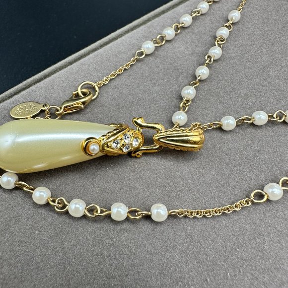 Vintage Nolan Miller Glamour Collection Gold Tone Faux Pearl Teardrop Necklace - Picture 6 of 15